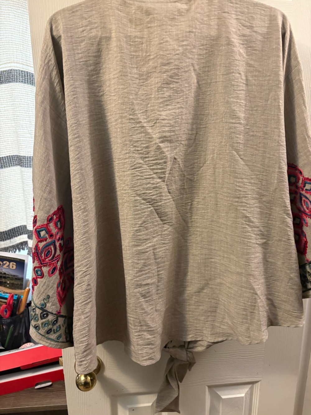 New Soft Olivia & Martin V-Neck Tie-Hem Embroidered Sleeve Top - Taupe - Picture 9 of 11